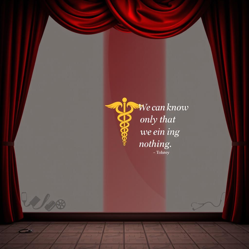 A wallpaper design depicting a theater stage with a deep red velvet curtain partially drawn back, revealing a soft gray backdrop