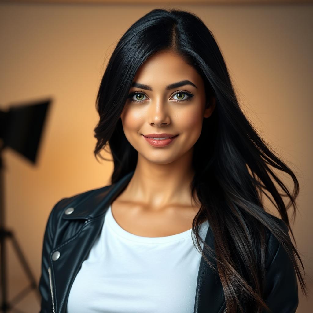 A stunning portrait of a confident young woman with long flowing black hair, styled elegantly, wearing a stylish black leather jacket over a white t-shirt