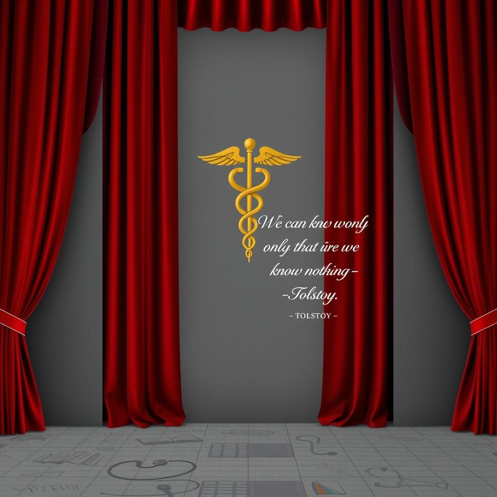 A stunning wallpaper depicting a theater stage with a deep red velvet curtain partially drawn back, revealing a soft gray backdrop