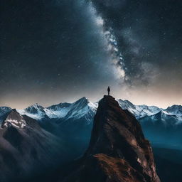 A single photographer perched high up in a mountain, targeting a high-end camera towards the mesmerizing night sky. Mountain peaks adding drama to the scene while countless stars glitter in the inky backdrop.