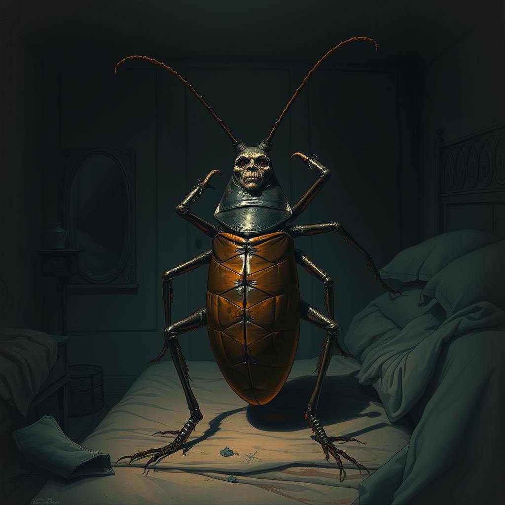 A surreal and haunting illustration depicting Gregor Samsa’s transformation into a monstrous vermin, often interpreted as a giant insect resembling a cockroach or beetle