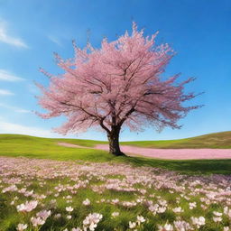 Generate a vibrant image of a cherry blossom tree standing alone in an infinite grassy meadow under a clear blue sky