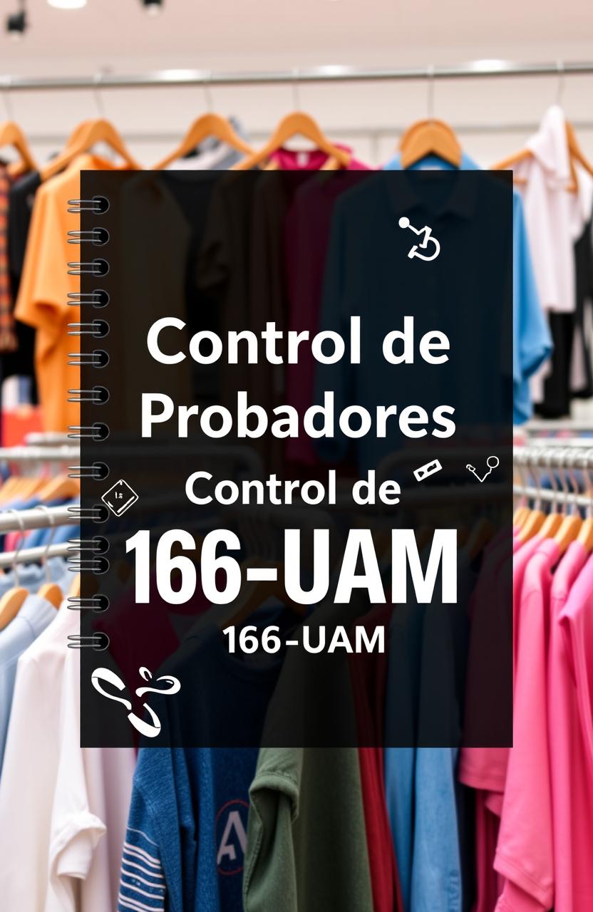 A creative and stylish notebook cover design for a clothing store titled 'Control de Probadores 166-UAM'