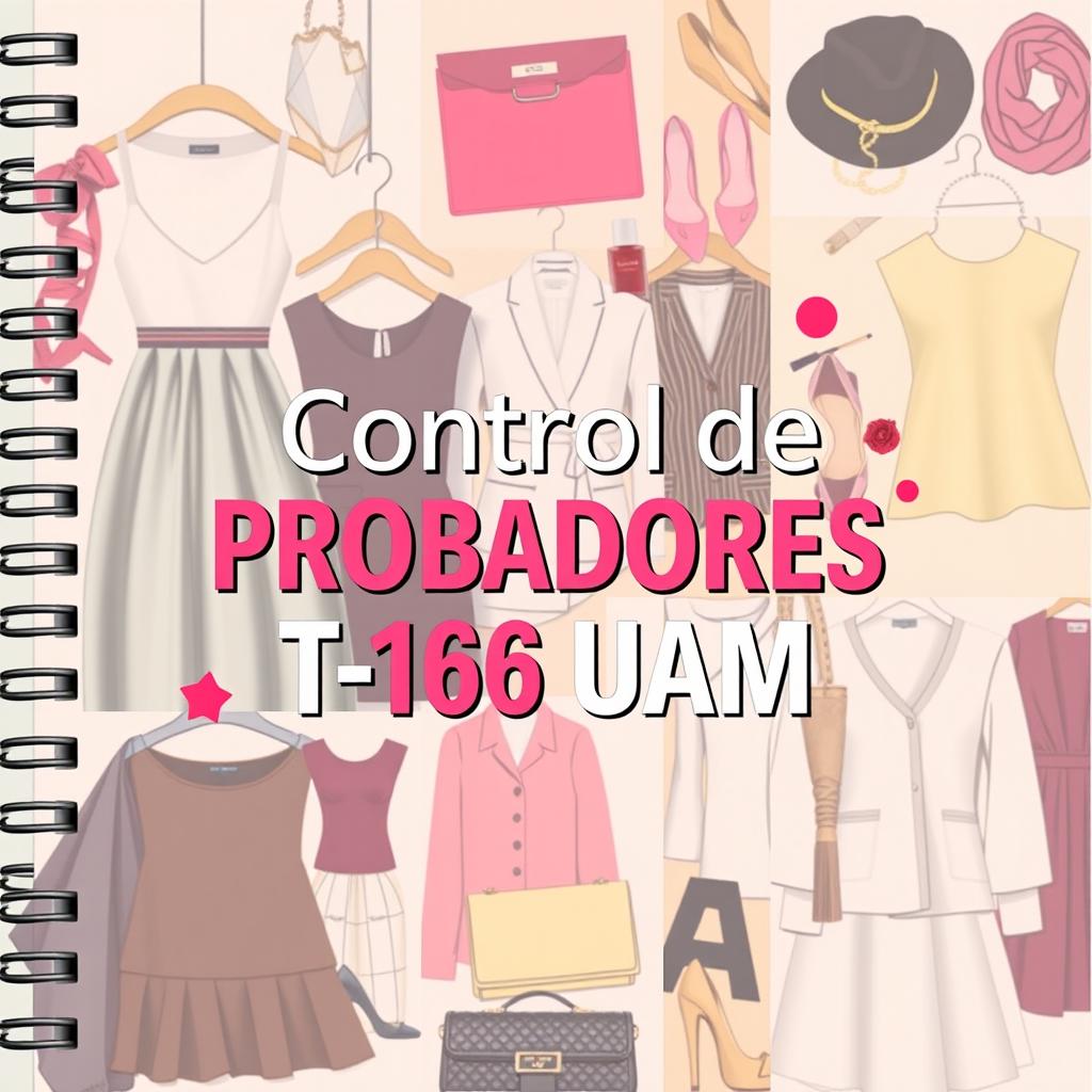 A stylish and vibrant notebook cover design for a clothing store titled 'Control de Probadores T-166 UAM'