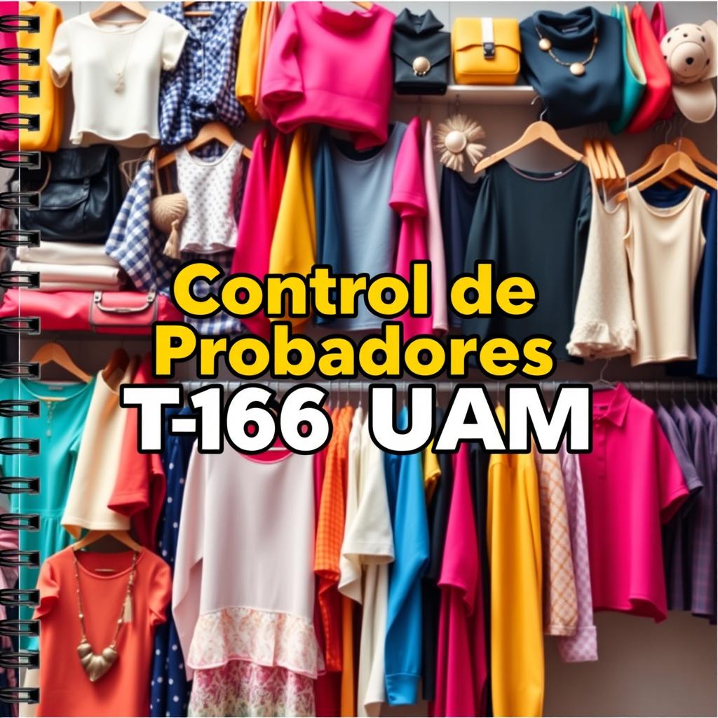 A cool and fashionable letter-size notebook cover design for a clothing store titled 'Control de Probadores T-166 UAM'