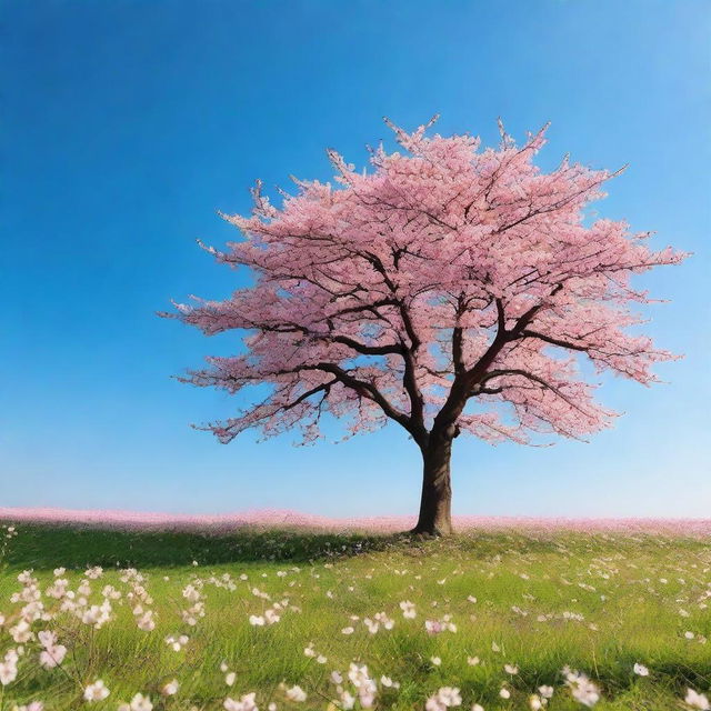 Generate a vibrant image of a cherry blossom tree standing alone in an infinite grassy meadow under a clear blue sky