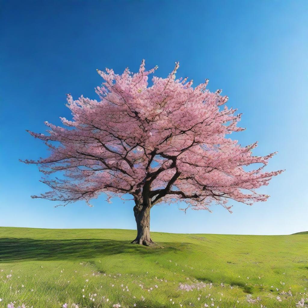 Generate a vibrant image of a cherry blossom tree standing alone in an infinite grassy meadow under a clear blue sky