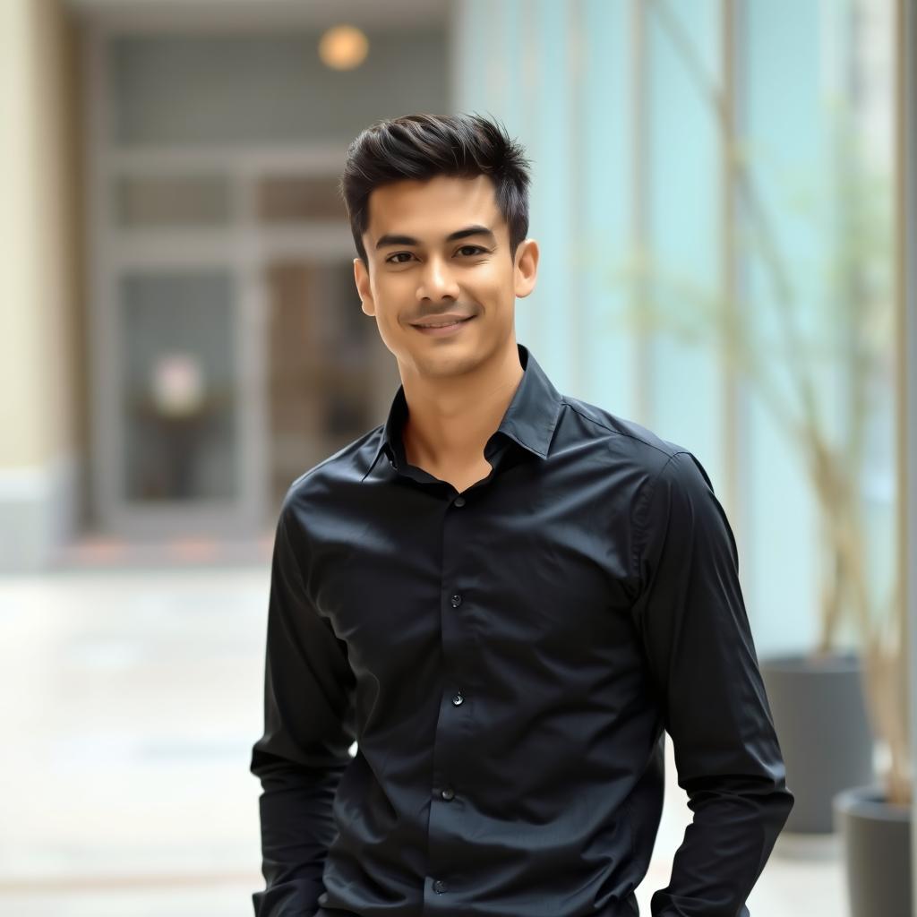 An individual standing confidently in a casual setting, wearing a sleek black shirt