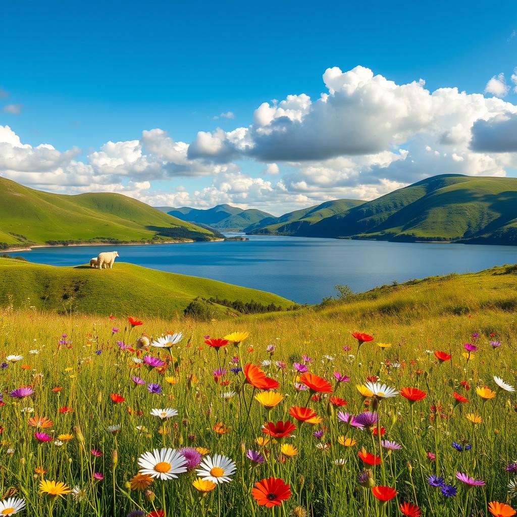 A serene landscape featuring a tranquil lake surrounded by lush green hills, under a bright blue sky with fluffy white clouds