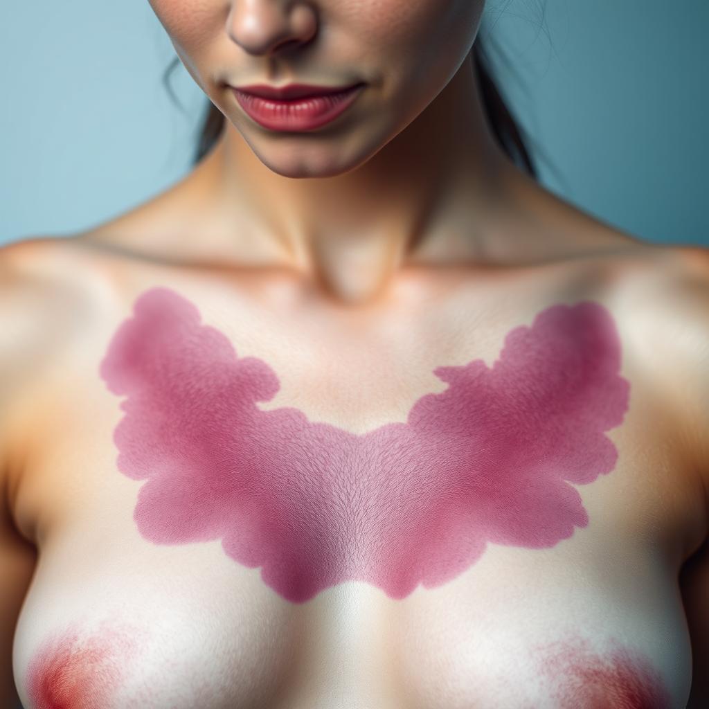 A close-up of a woman's chest, showing a bruise-like coloration, deep purple and blue hues that resemble the aftermath of a minor injury