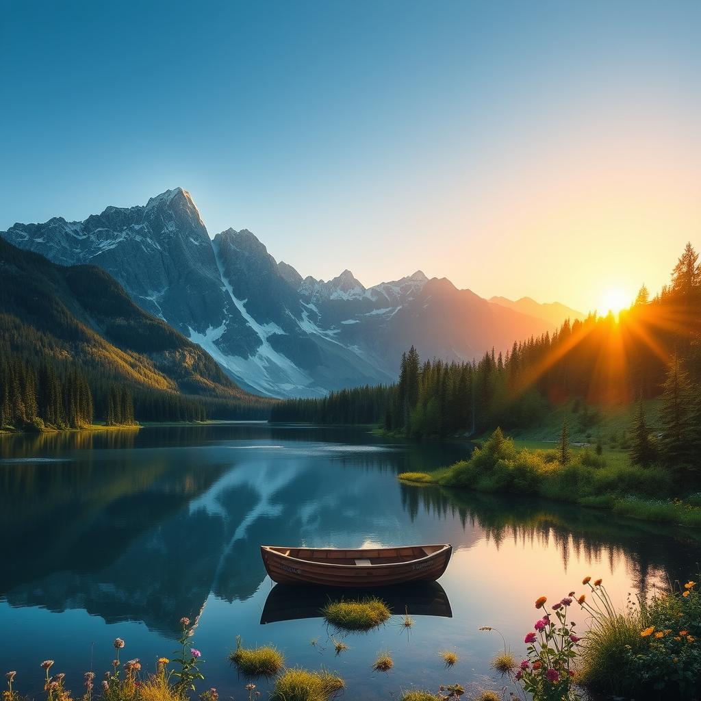 A breathtakingly detailed landscape featuring a majestic mountain range under a clear blue sky, with a serene lake at the foreground reflecting the mountains and sky