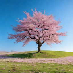 Generate a vibrant image of a cherry blossom tree standing alone in an infinite grassy meadow under a clear blue sky