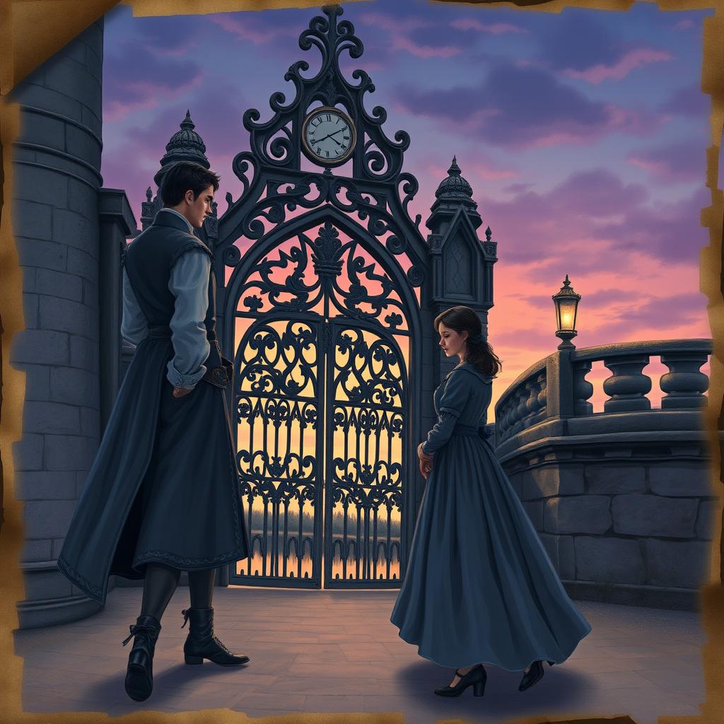 A sad scene in vintage fairytale style depicting a dark-haired couple saying goodbye in front of an intricately designed castle gate