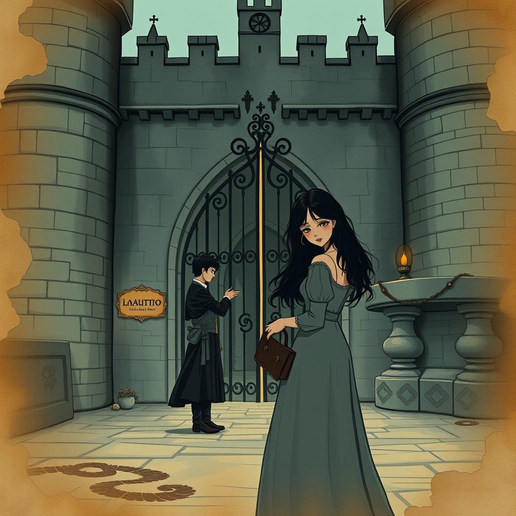 A sad scene in vintage fairytale style depicting a dark-haired couple saying goodbye in front of a majestic castle gate