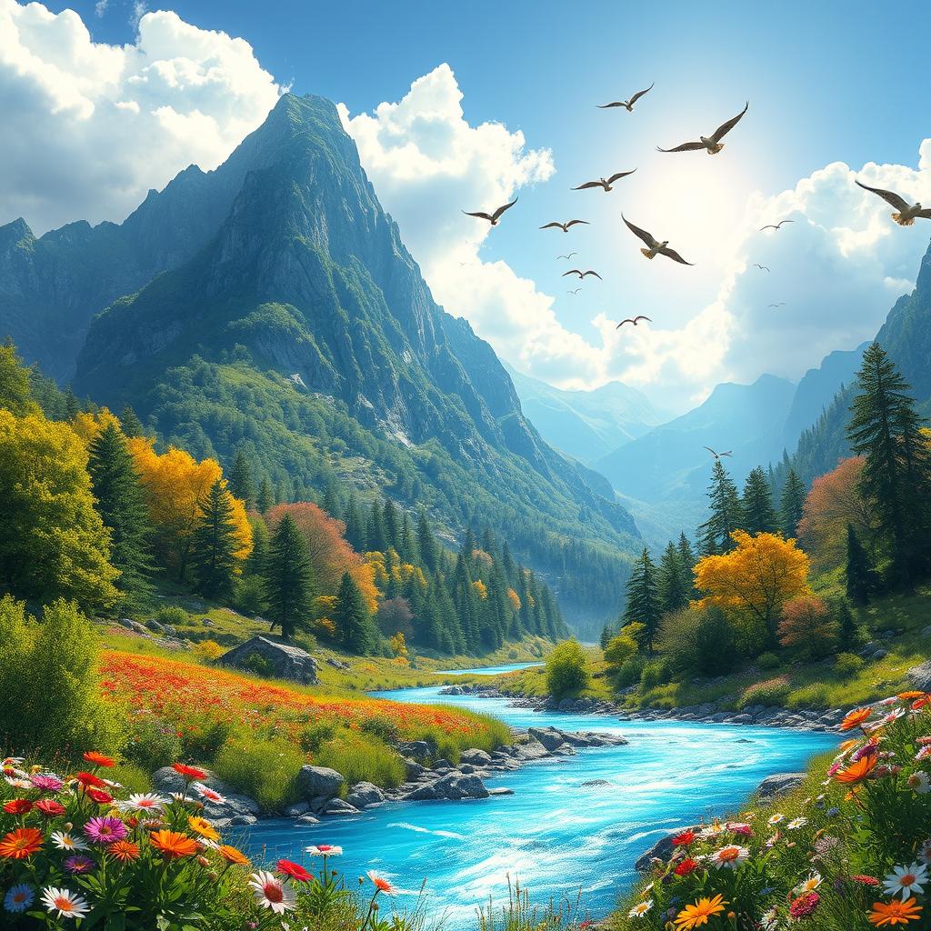 A vibrant fantasy landscape with a towering, majestic mountain range covered in lush green trees and colorful wildflowers in the foreground