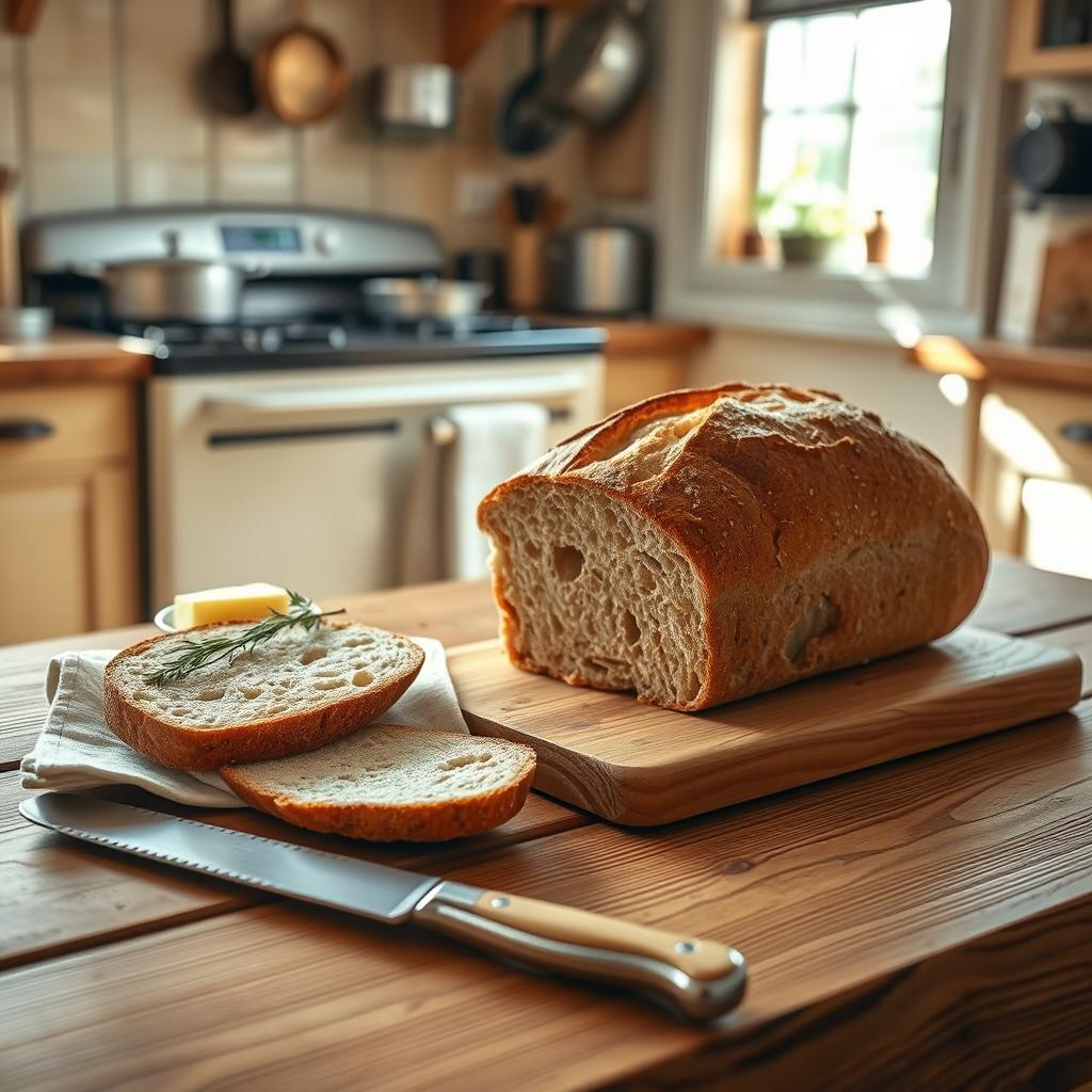 A beautifully crafted wooden table in a cozy kitchen, featuring a freshly cut loaf of artisan bread, with a serrated knife resting next to it