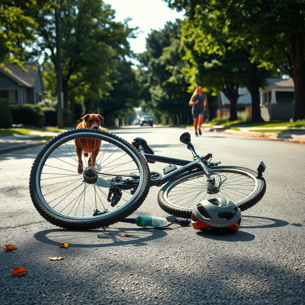 A dramatic scene depicting a bicycle accident on a quiet suburban street