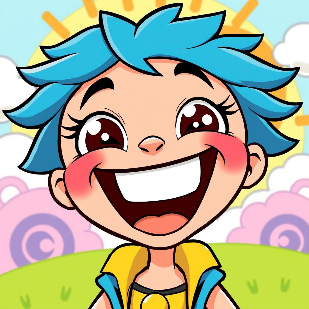 A colorful cartoon character depicted in a lively and exaggerated laughing expression, with large, expressive eyes and a wide open mouth showing big teeth