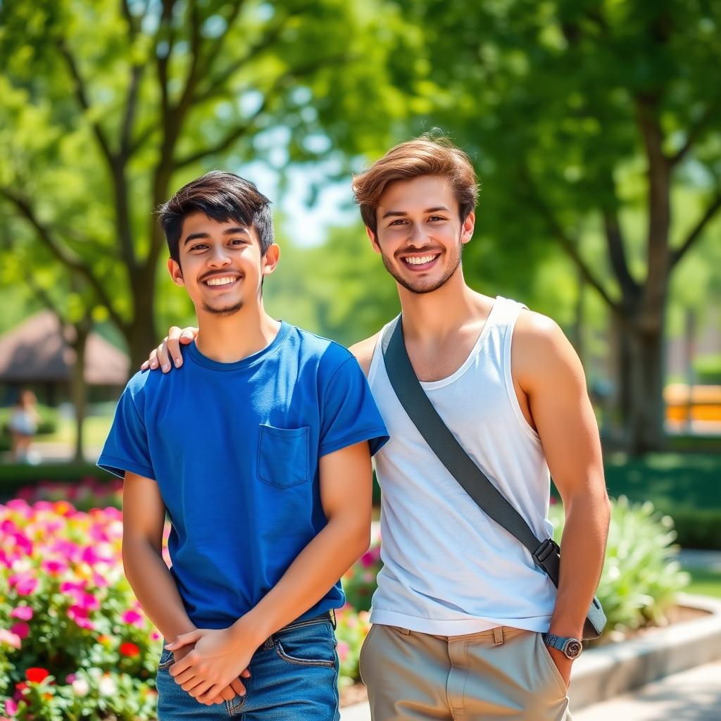A vibrant and cheerful scene featuring two young men standing side by side