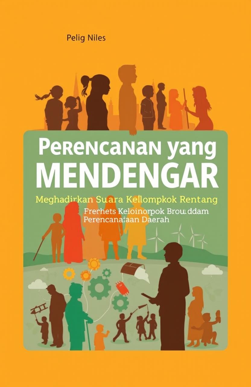A visually engaging book cover design for a book titled 'Perencanaan yang Mendengar: Menghadirkan Suara Kelompok Rentan dalam Perencanaan Daerah'