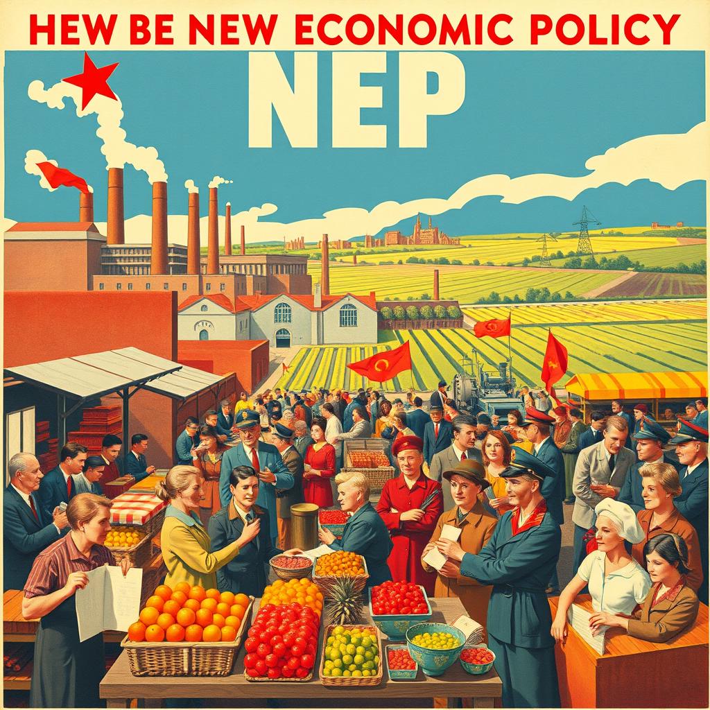 A vibrant and colorful Soviet-era propaganda poster celebrating the New Economic Policy (NEP)