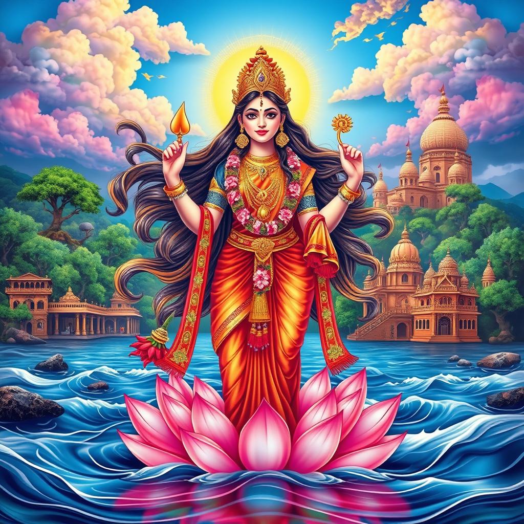 A stunningly detailed and vibrant illustration of Goddess Ganga Devi, depicted as a beautiful woman with long flowing hair adorned with floral garlands