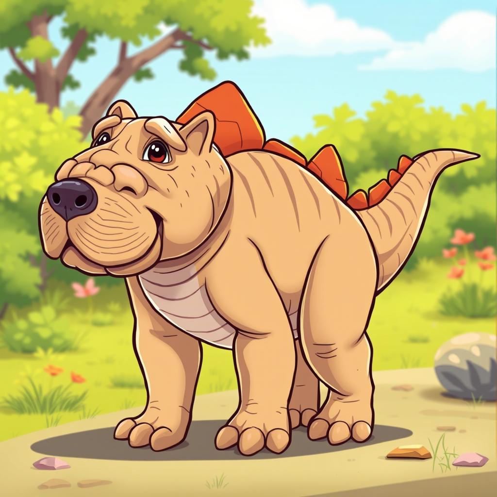 A whimsical and imaginative creature that combines a Shar Pei dog with the body of a dinosaur
