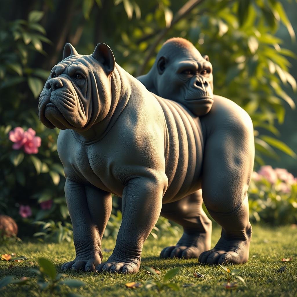 A highly detailed 3D rendering of a Shar Pei dog with the muscular body of a gorilla