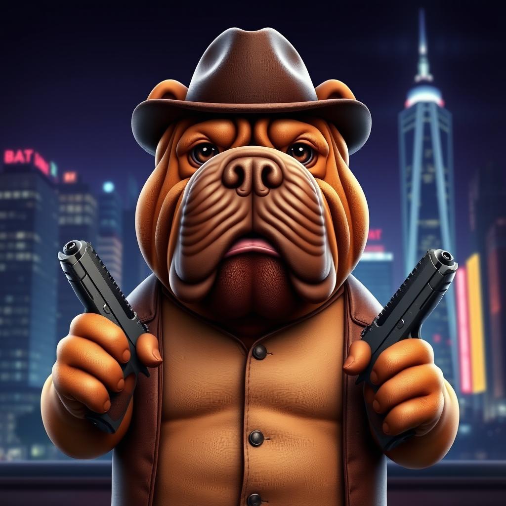 A 3D illustration of a Shar Pei dog with a distinctive wrinkled face, wearing a gangster-style outfit, including a fedora