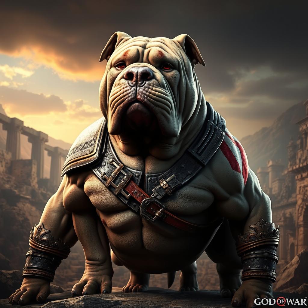 A Shar Pei dog with a muscular body reminiscent of character design from the video game God of War