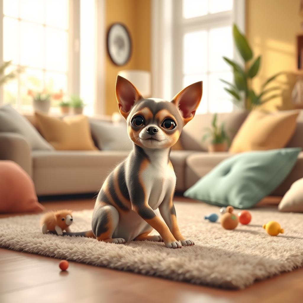 A 3D rendering of a unique creature that has the body of a cat and the head of a chihuahua