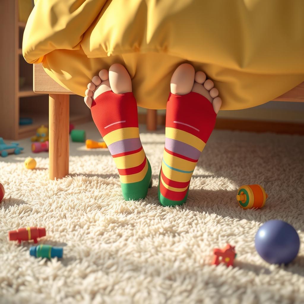 A whimsical visual of a giant pair of cartoonish feet playfully sticking out from under a bed, with colorful socks, surrounded by scattered toys and a soft, fluffy carpet underneath