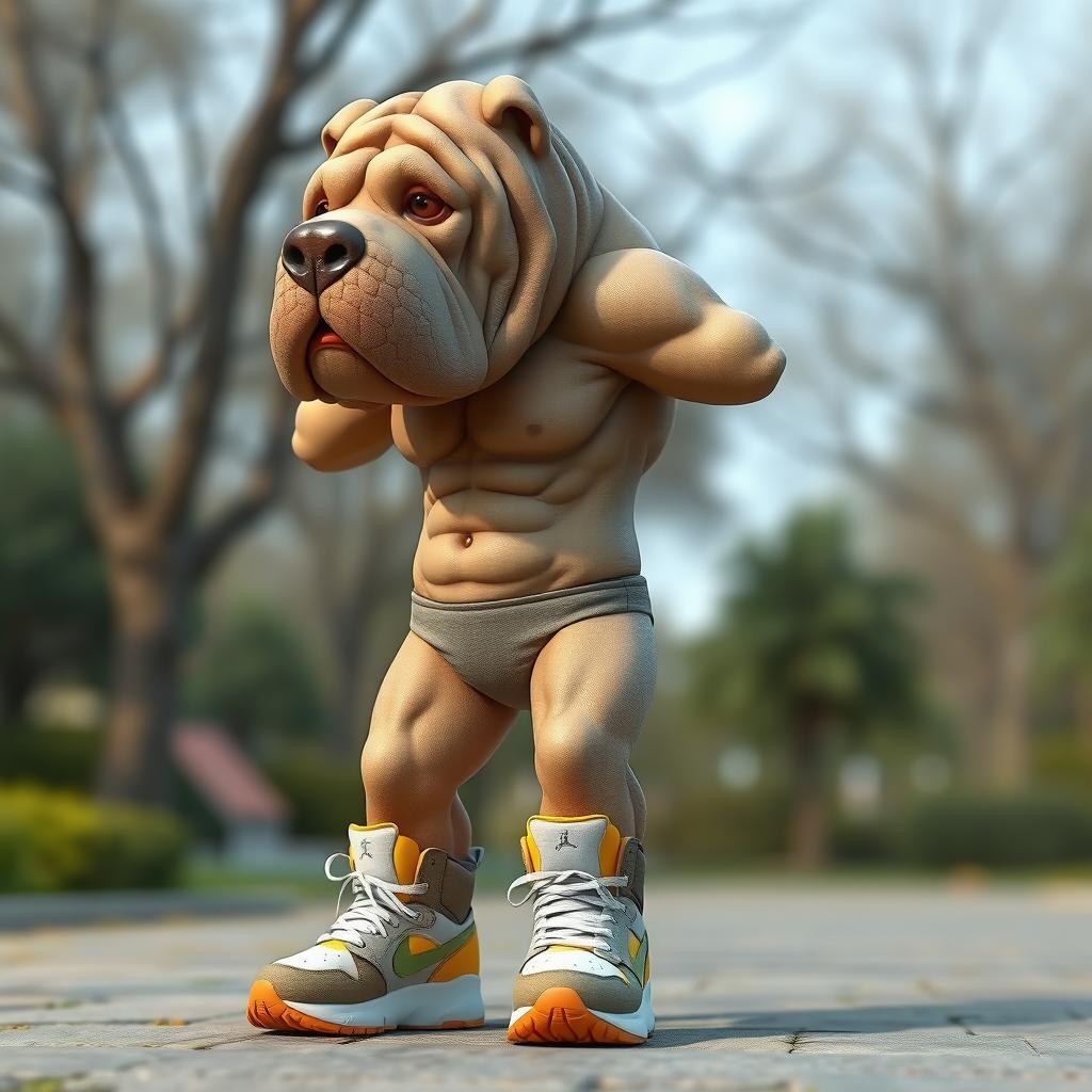 A 3D rendering of a unique and humorous creature that combines a Shar Pei dog with a muscular human body, wearing stylish sneakers