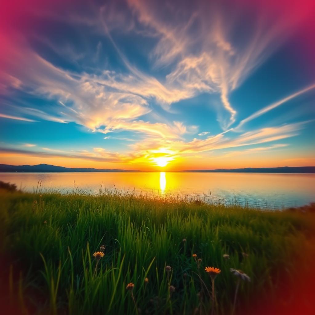 A beautifully edited photograph of a serene landscape featuring a vibrant sunset over a peaceful lake, with wispy clouds reflecting golden hues in the water