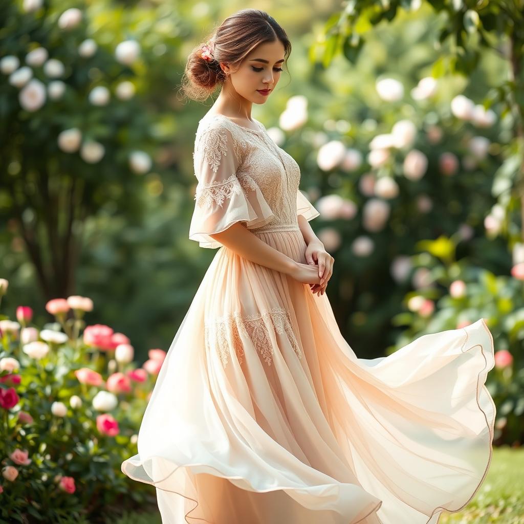 A serene and elegant woman exuding grace while wearing a beautifully layered, modest dress that flows gracefully to her feet
