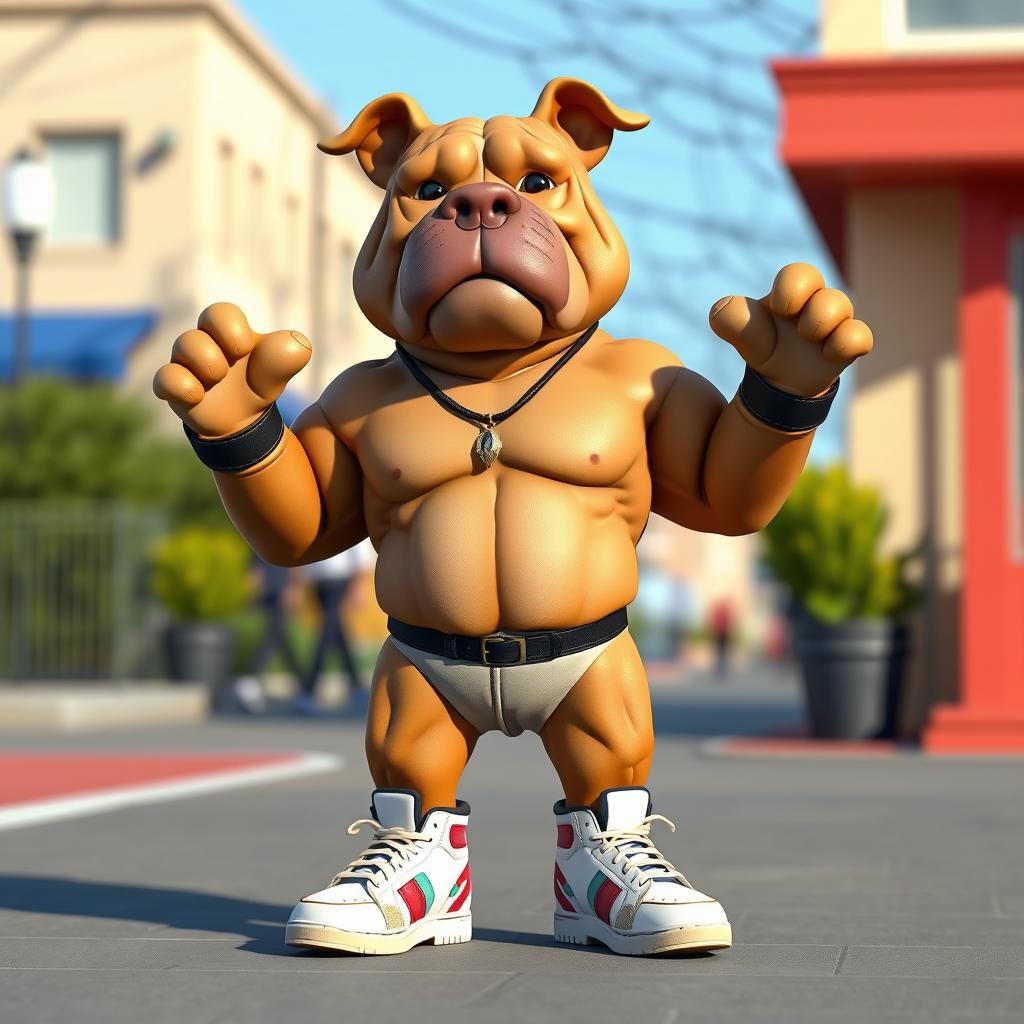 A whimsical 3D rendering of a Shar Pei dog with the body of a muscular man, wearing stylish sneakers