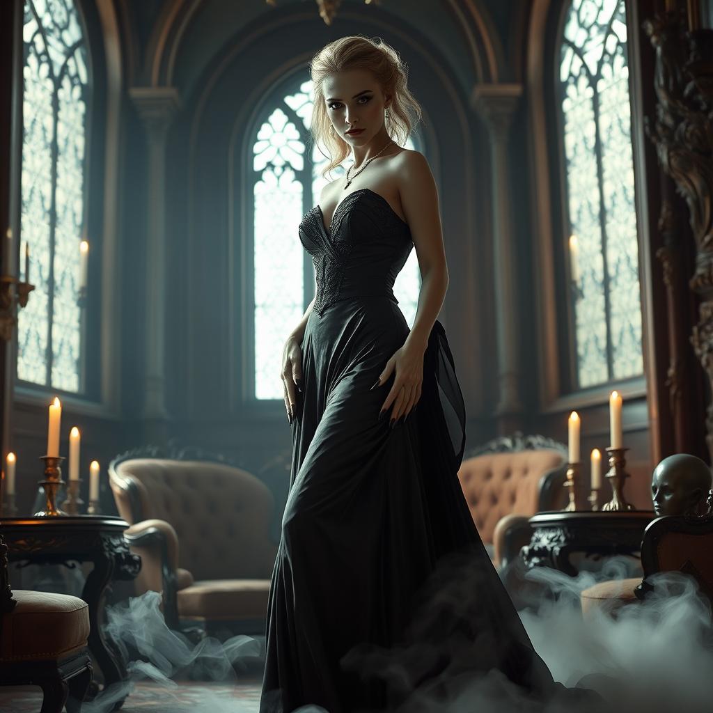 A tall, elegant vampire lady with pale skin, styled hair, and a strikingly alluring presence