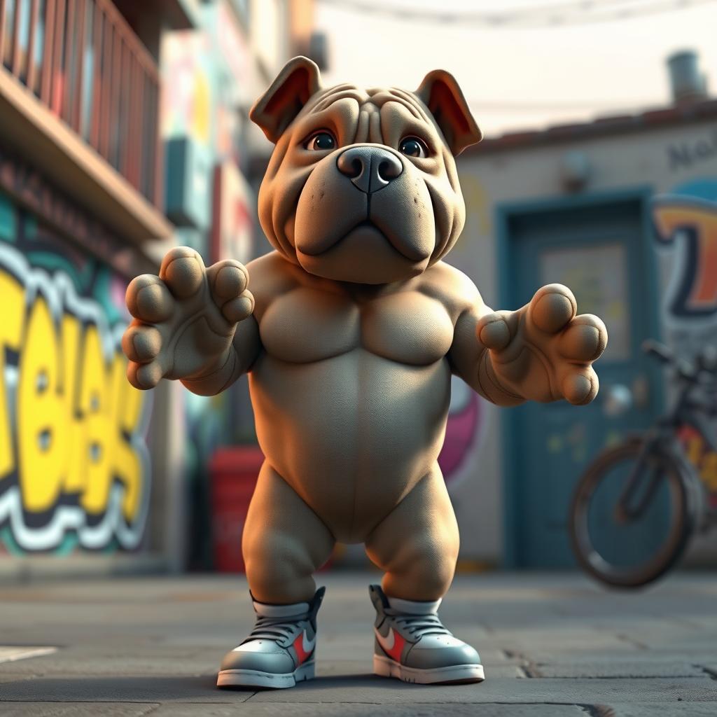 A surreal 3D video featuring a Shar Pei dog with a muscular human body, wearing stylish sneakers