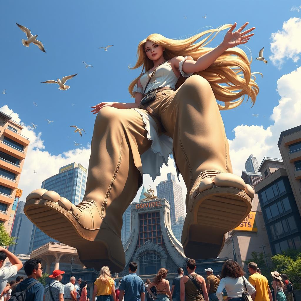 A giantess towering over a vibrant city, showcasing her majestic presence