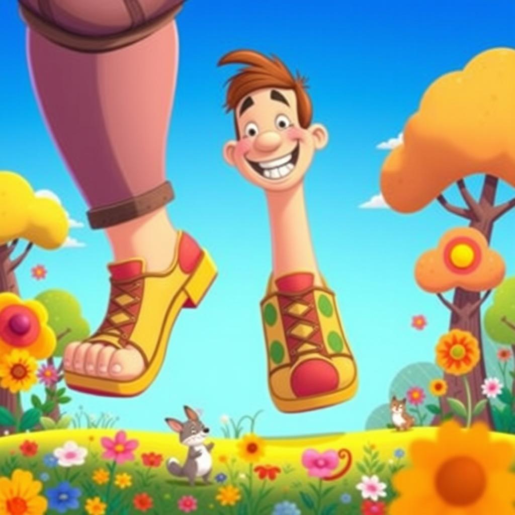 A whimsical and colorful cartoon scene featuring a fantastical giant with oversized feet playfully stepping through a vibrant landscape filled with flowers and trees