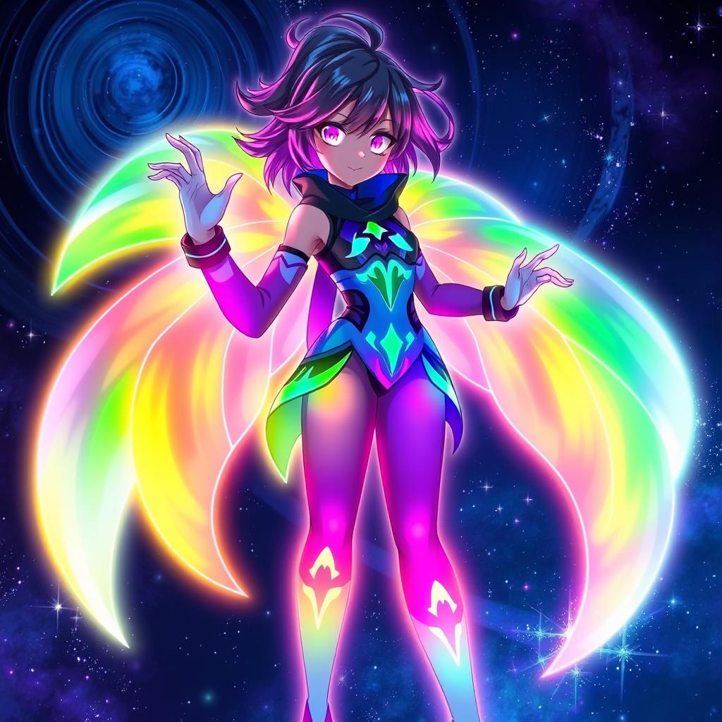 A striking anime character with a vibrant, glowing body, radiating a spectrum of colors that shift and blend beautifully, standing in a dynamic pose