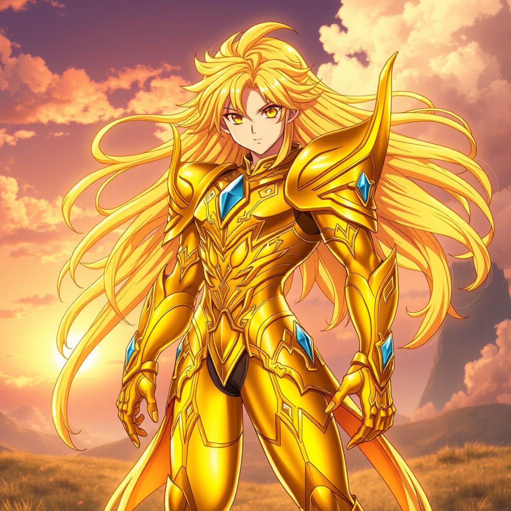 An anime character with a striking gold shade body, exuding an aura of elegance and power