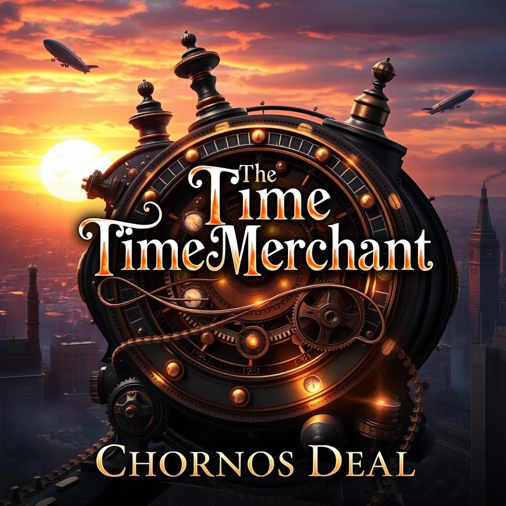A visually stunning book cover for 'The Time Merchant' by Chronos Deal, featuring a fantastical steampunk adventure theme