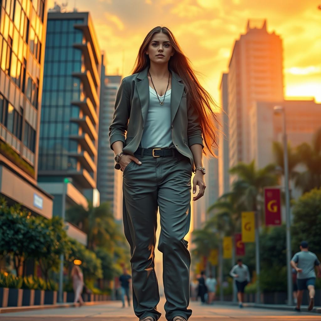 A tall, confident figure standing in a vibrant urban landscape at sunset