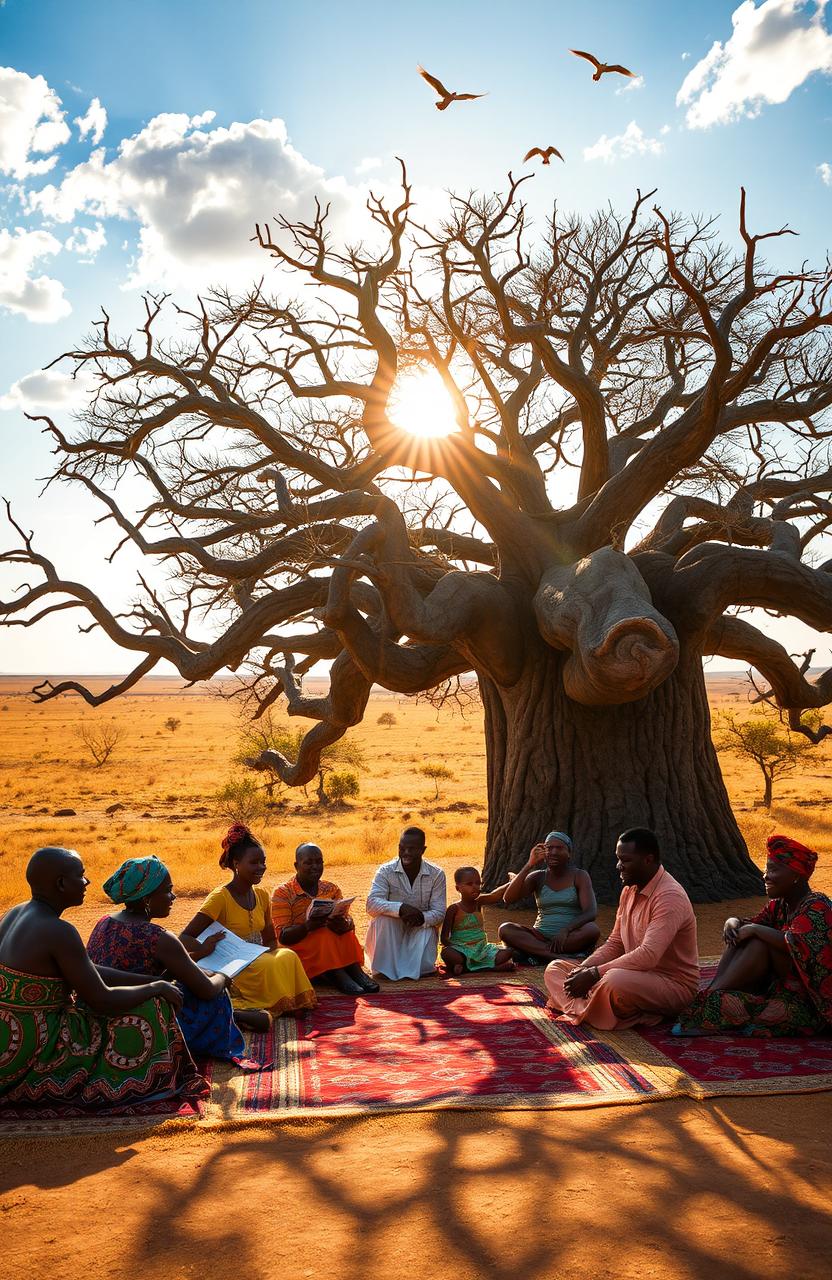 A serene scene under a majestic baobab tree in Africa, with a group of diverse people seated on colorful mats, sharing stories and laughter