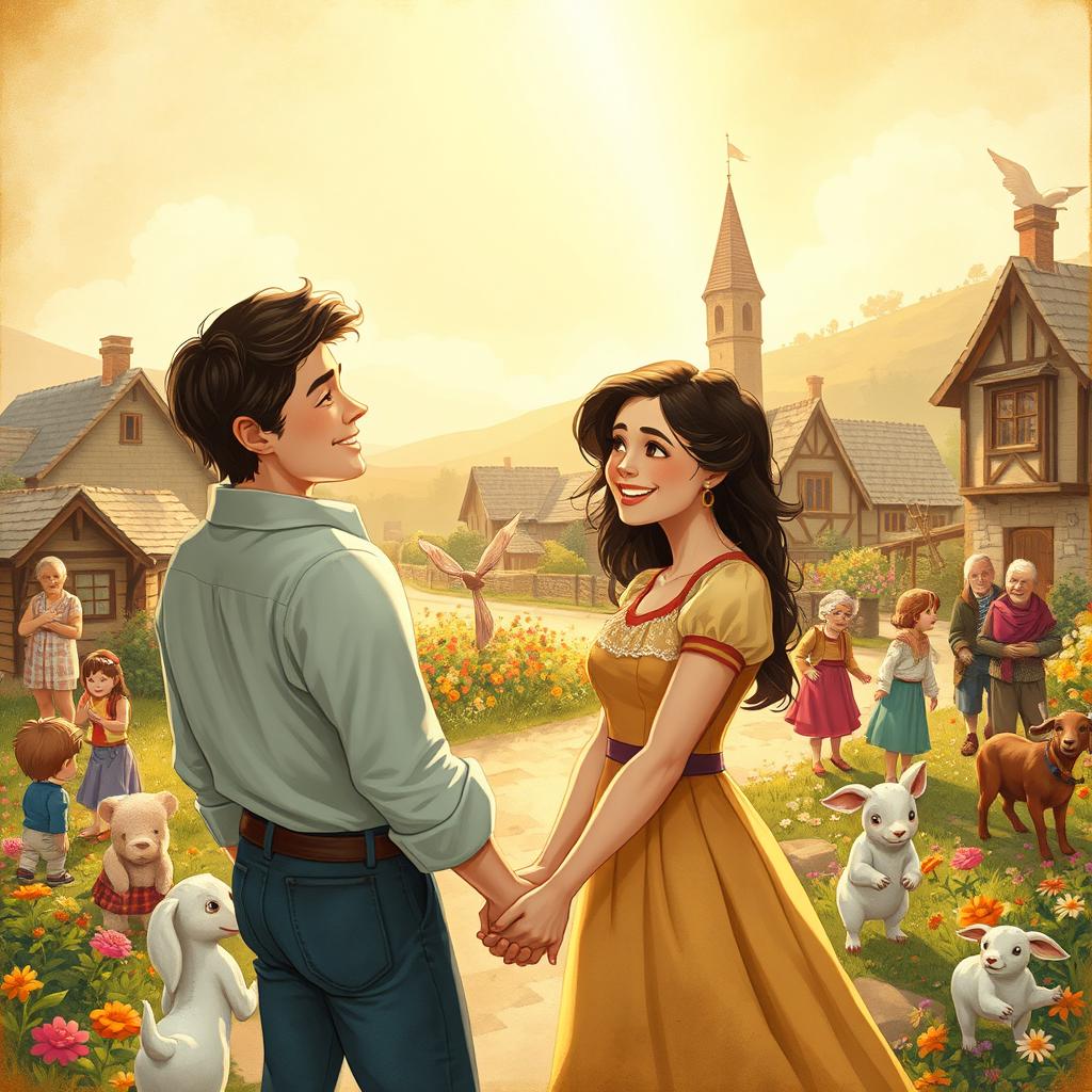 A joyful fairytale ending scene in vintage storybook style, featuring a dark-haired couple from the cover smiling and holding hands