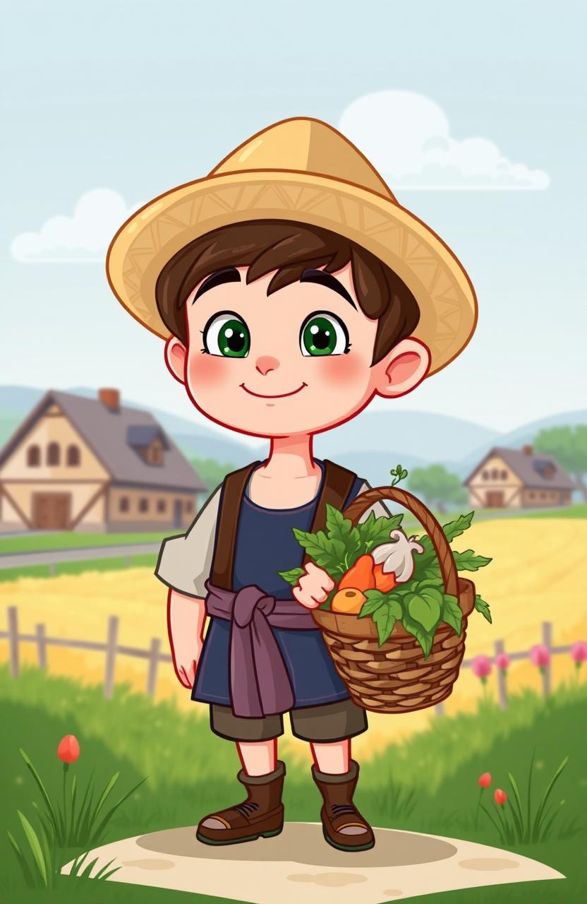 A cartoon style illustration of a young farmer boy with a beautiful face, dressed in medieval farmer attire