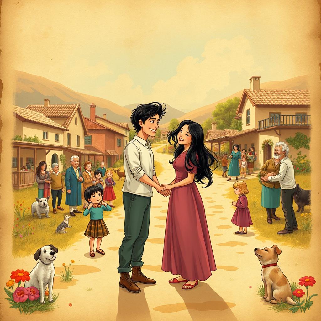 A joyful fairytale ending scene in a vintage storybook style, featuring a dark-haired couple from the cover standing together, smiling and holding hands