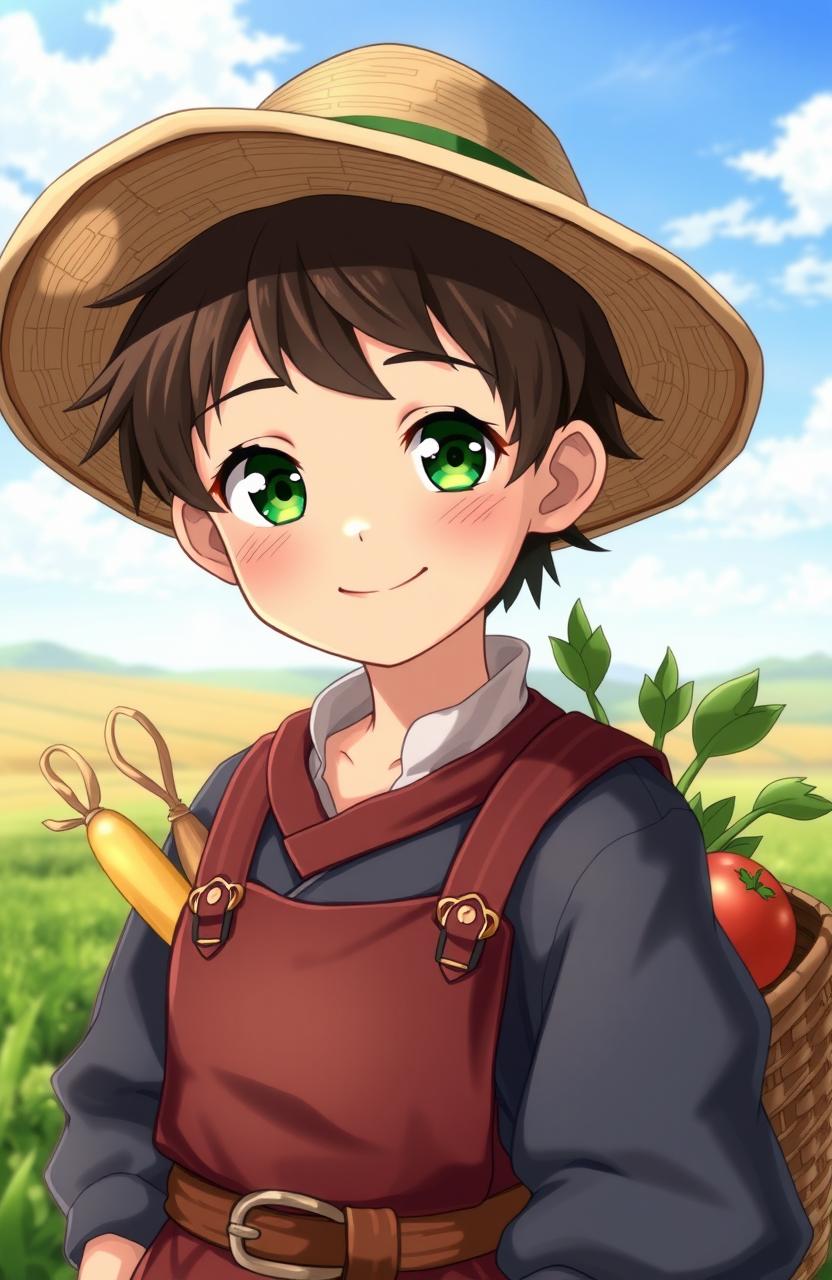 A young farmer boy in anime style, with a beautiful face and grass green eyes, showcasing his dark brown hair peeking out from under a straw hat