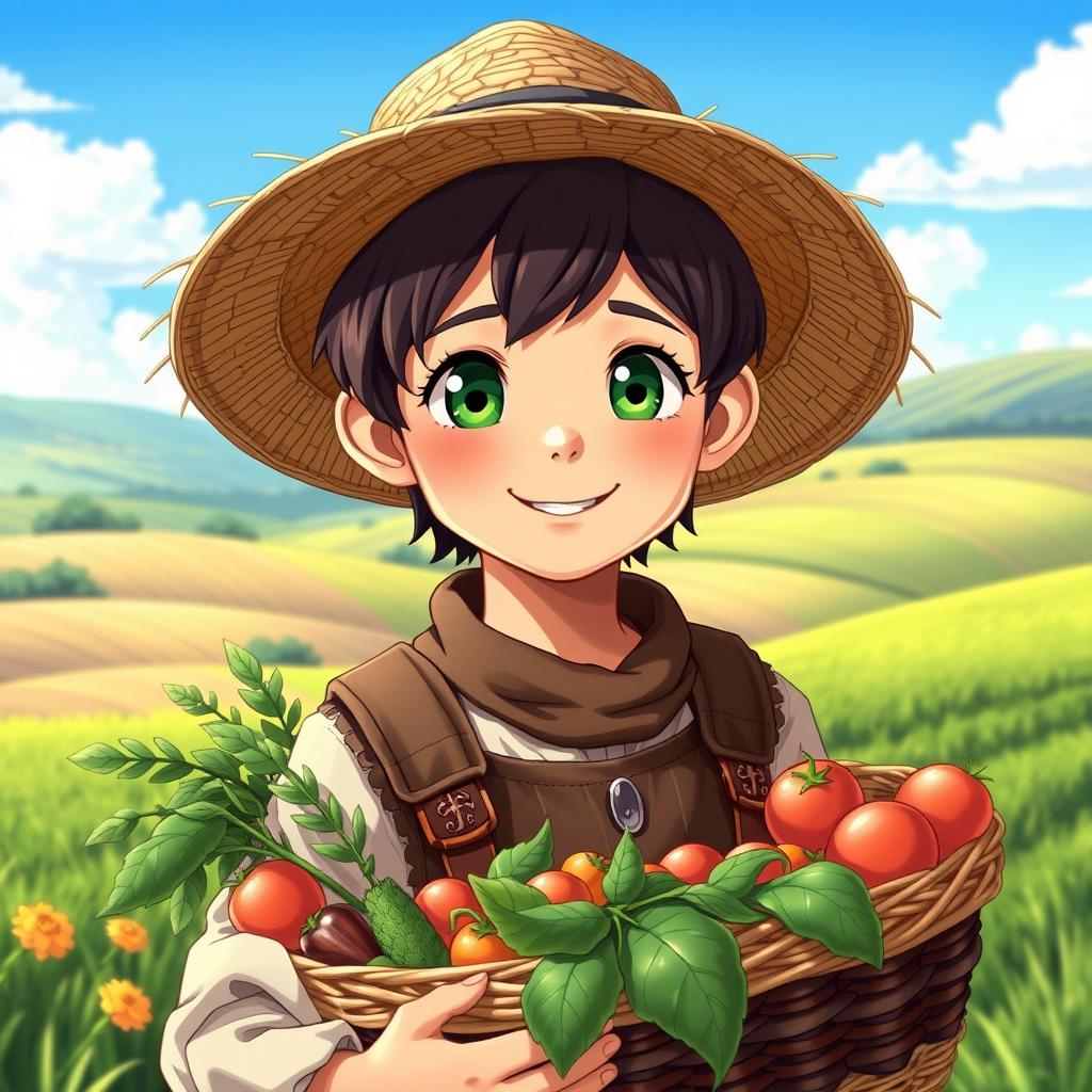 A young farmer boy in anime style, with a beautiful face and striking grass green eyes